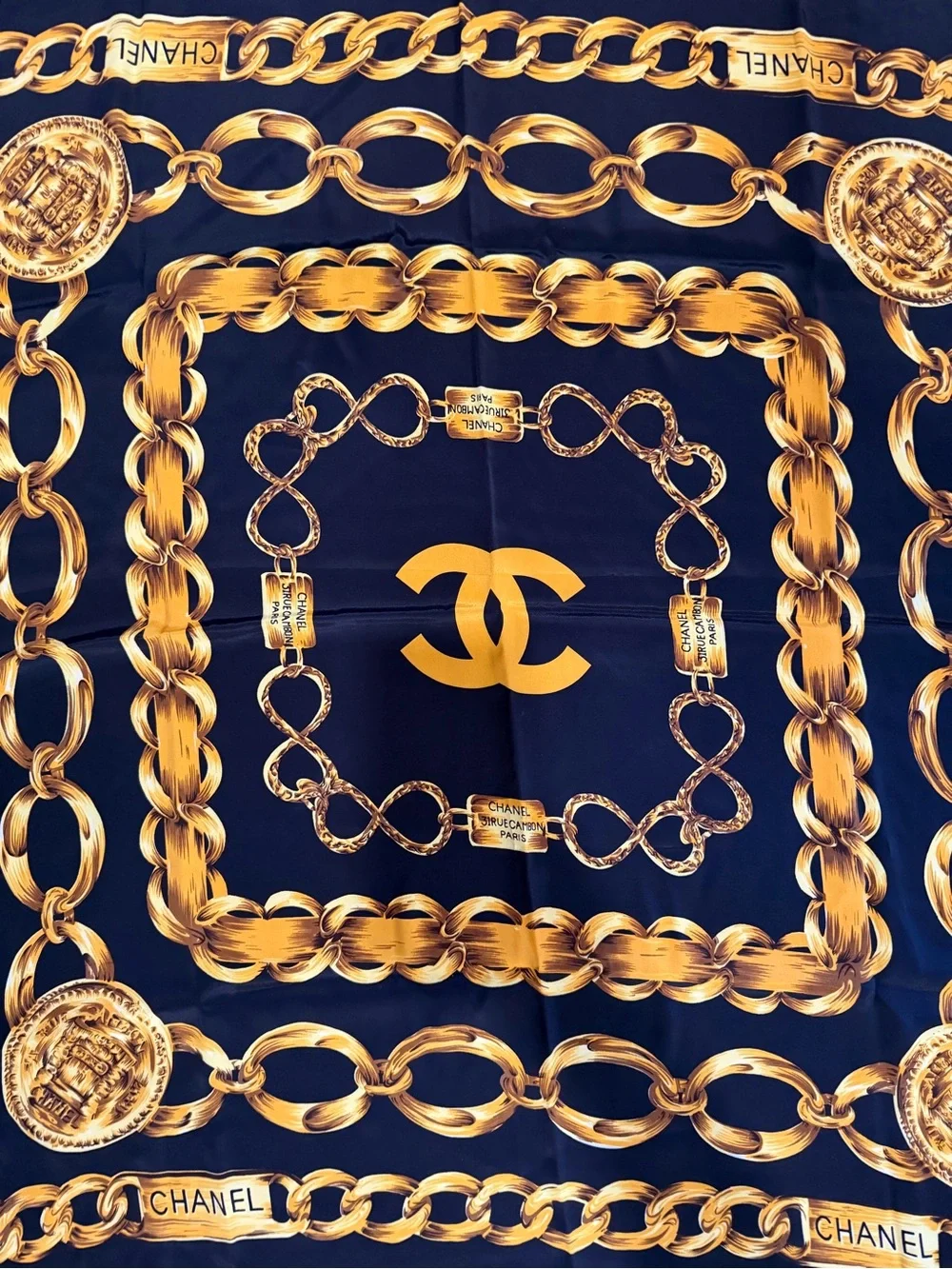 CHANEL Navy Blue and Gold Chain Print Silk Scarf